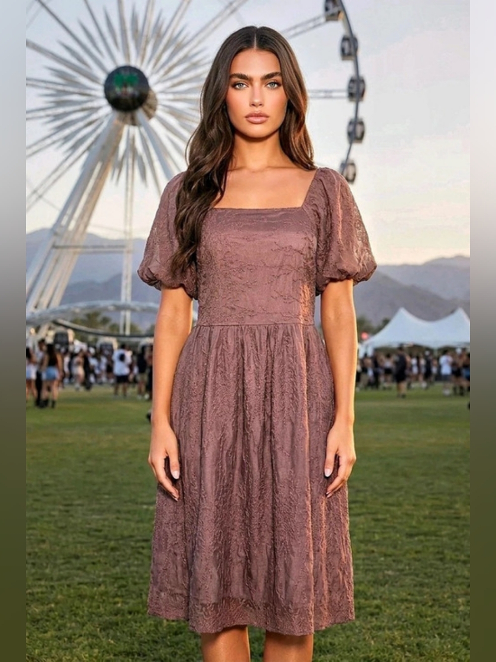 Böhme Cottagecore Textured Midi Dress in Mauve Size XL